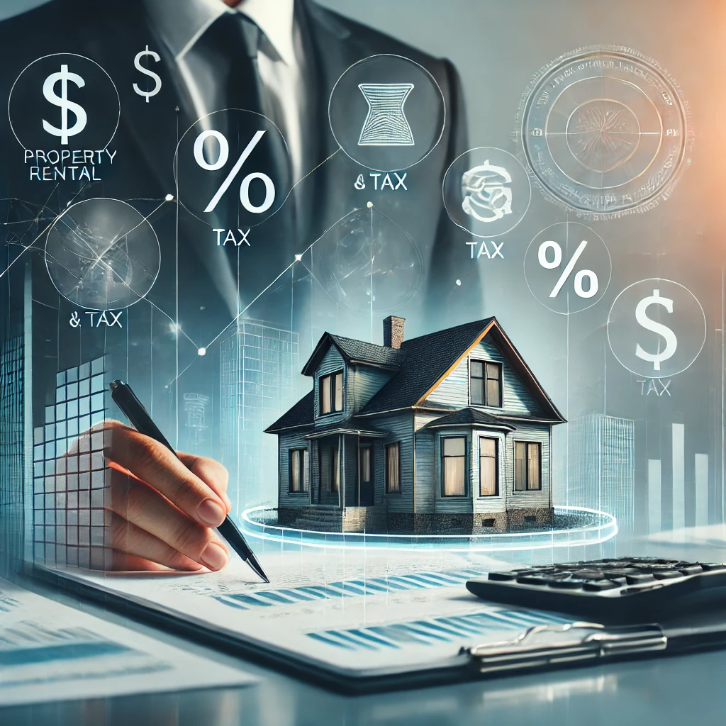 DALL·E 2024 09 30 12.19.47 A professional business themed image illustrating property rental and tax updates focusing on a modern commercial building and financial symbols lik
