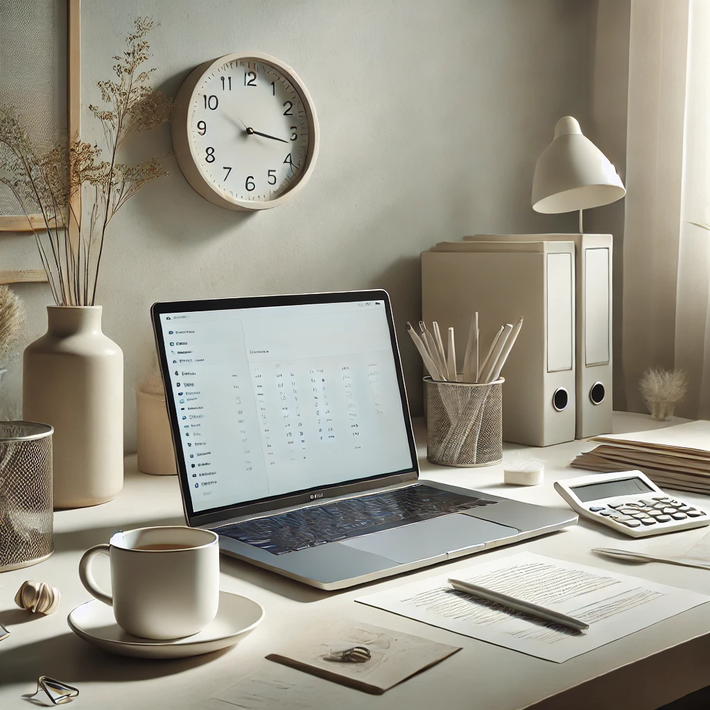 DALL·E 2024 10 01 16.57.34 A minimalist peaceful workspace showing an organized desk with a laptop papers and a cup of coffee. The scene should evoke calmness and relief sym