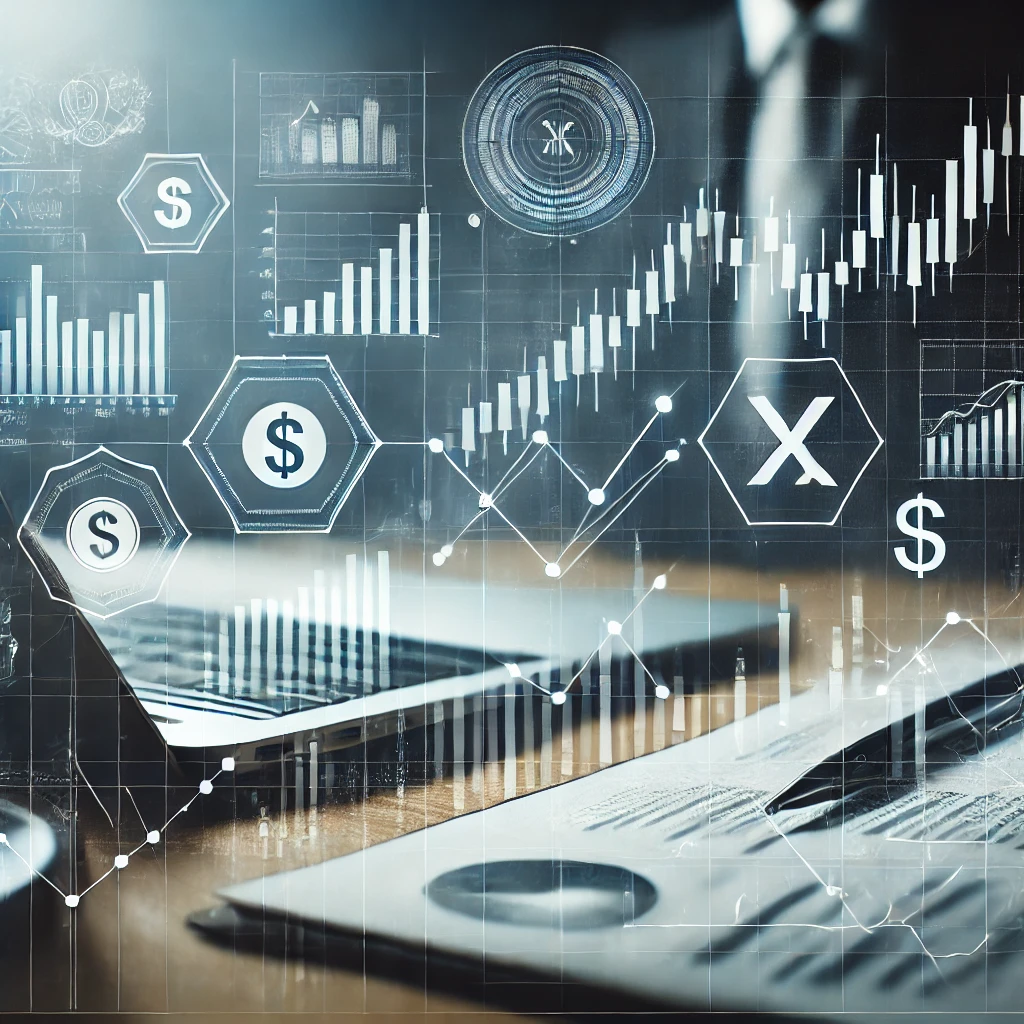 DALL·E 2024 10 01 17.30.42 A professional image depicting stock trading showing charts or graphs with financial data and icons or symbols representing trading like candlestick