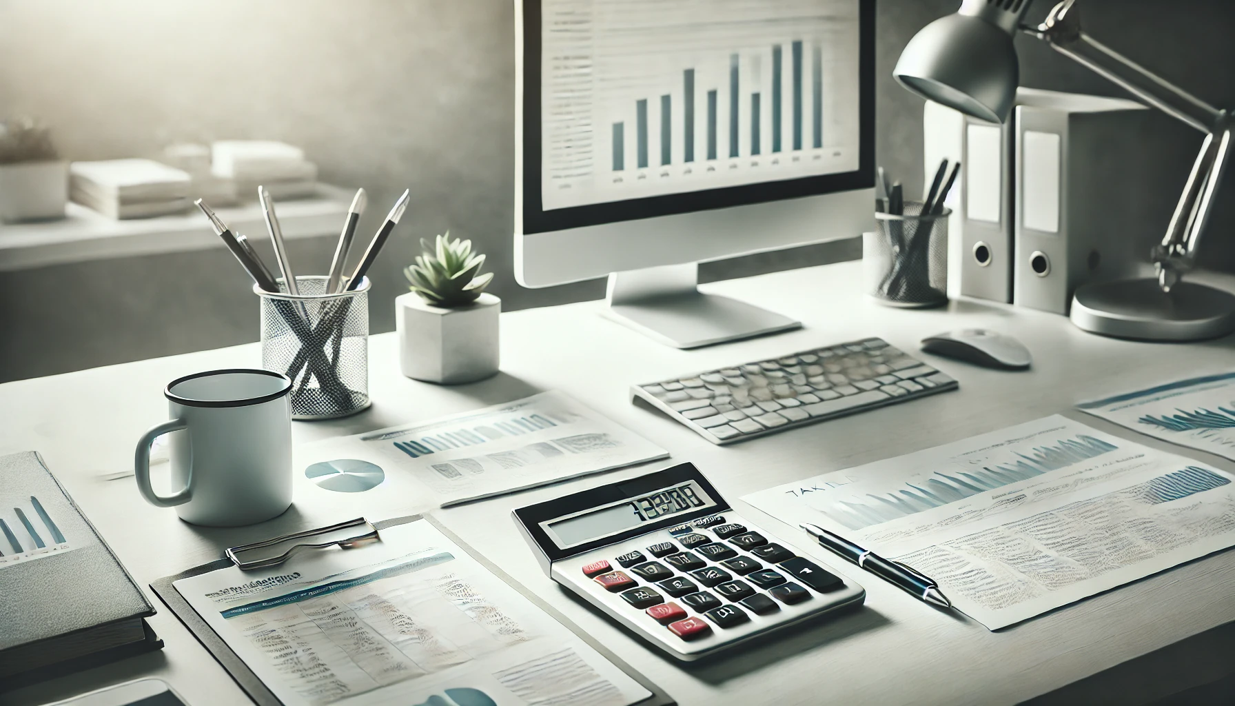 DALL·E 2024 10 07 13.08.12 A professional clean business workspace for tax filing showing a calculator and general office supplies on a modern well organized desk. The focus