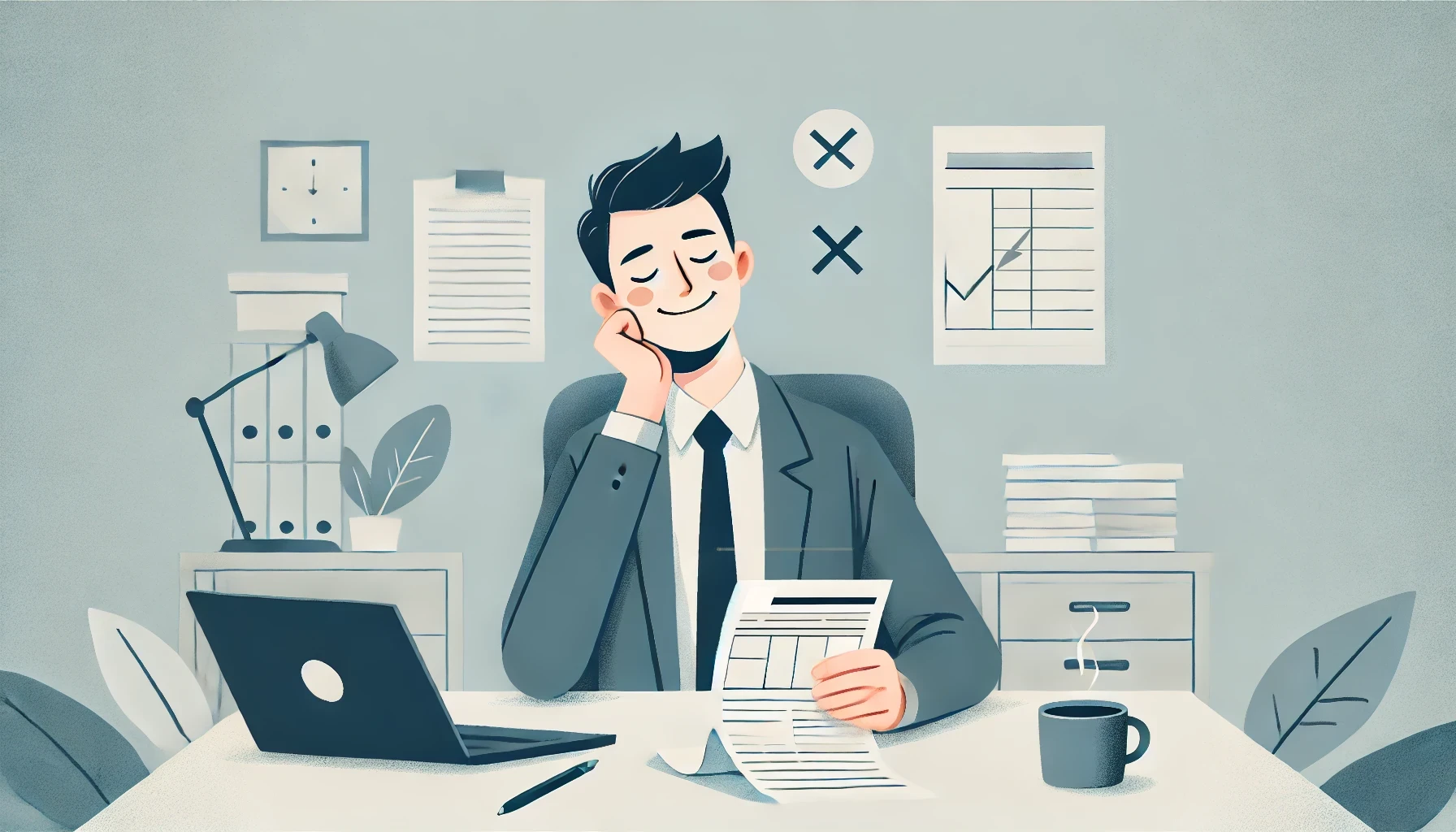 DALL·E 2024 10 13 21.02.33 A business professional with a relaxed and relieved expression sitting at a desk with a tax document in hand. The background has subtle office eleme