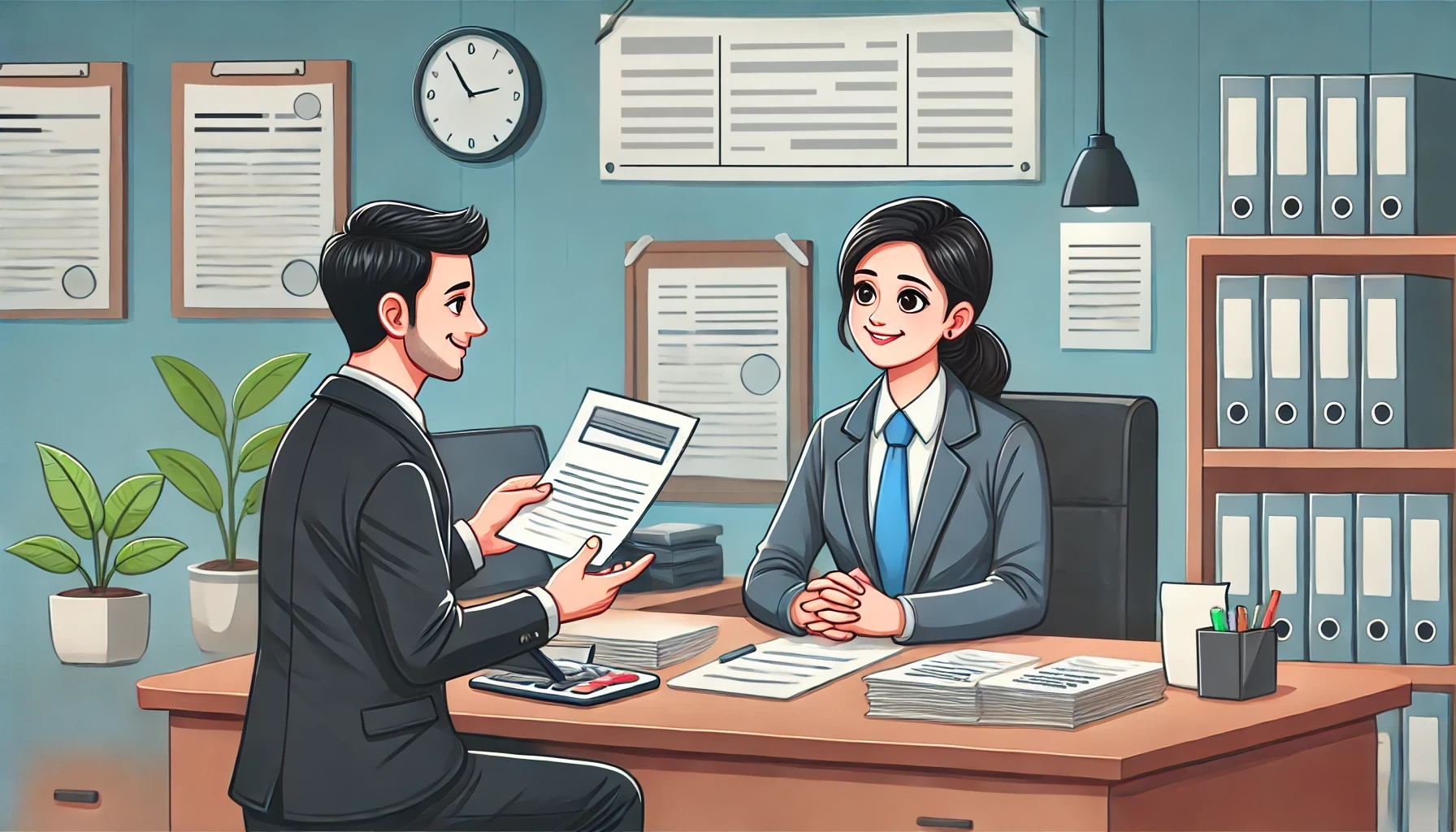 DALL·E 2024 10 13 21.32.29 An image depicting a hopeful taxpayer speaking with a GST officer in an office setting. The taxpayer wearing business attire is sitting across a des