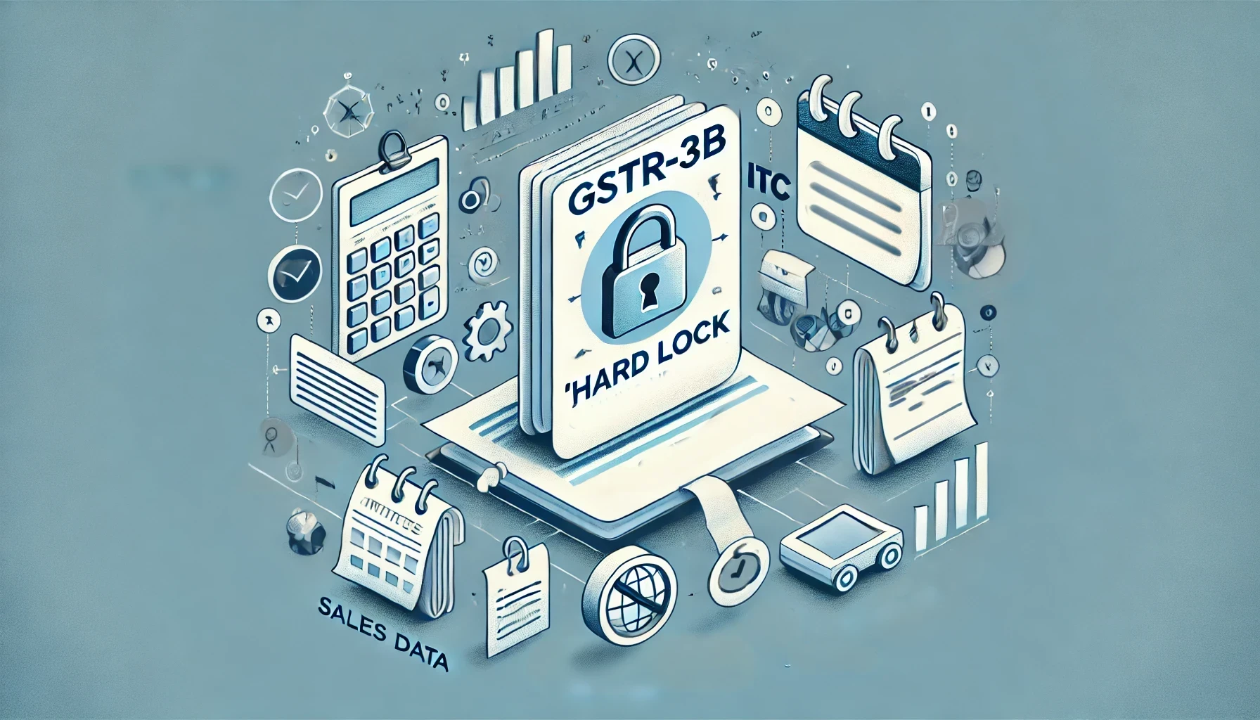 DALL·E 2024 10 18 12.17.21 An illustration representing GSTR 3B filing updates. The design includes a frozen document with a lock icon over it symbolizing the hard lock on GS