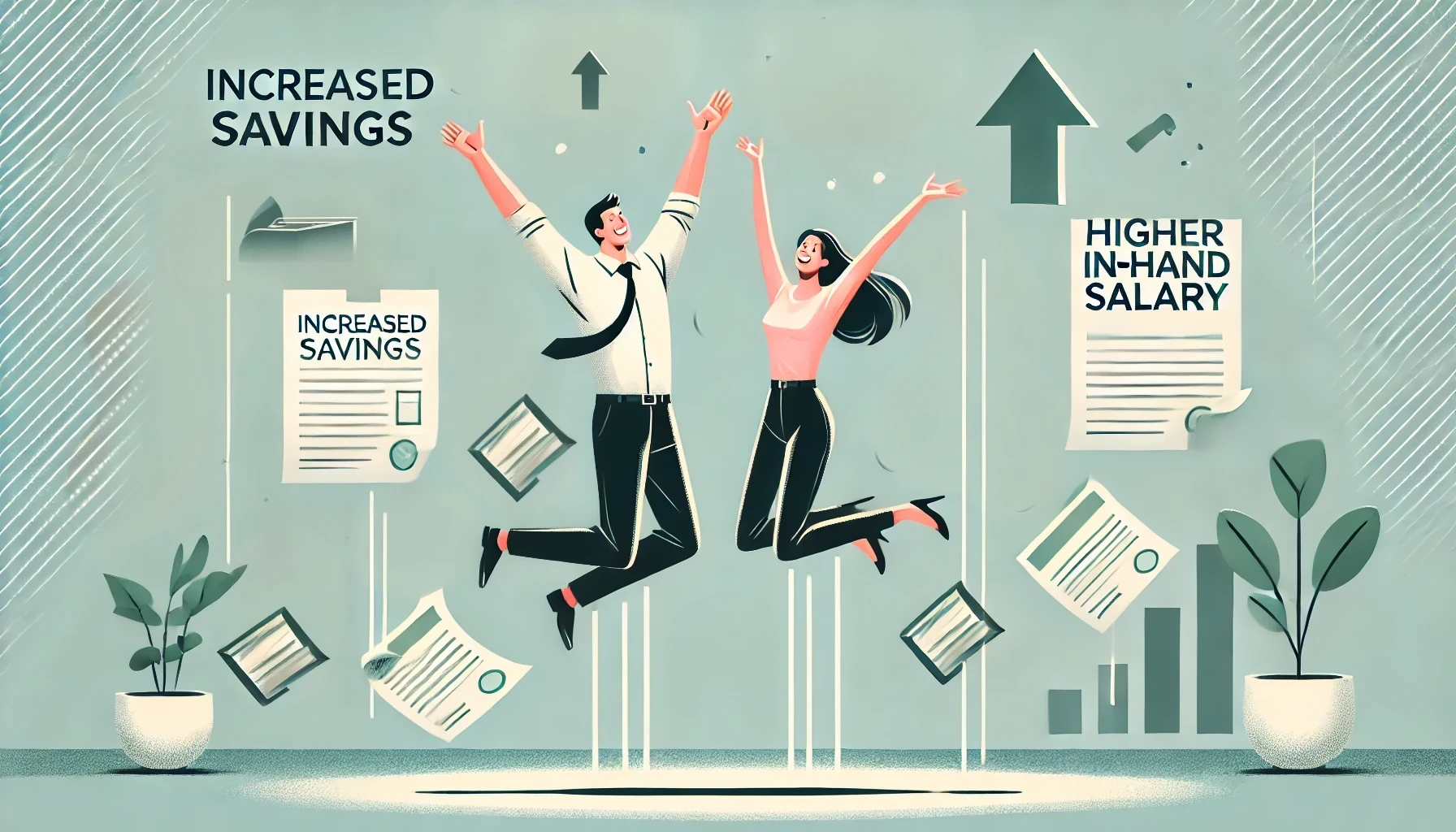 DALL·E 2024 10 20 19.31.47 A lively professional illustration showing a man and a woman joyfully jumping off the ground expressing excitement over increased savings and higher
