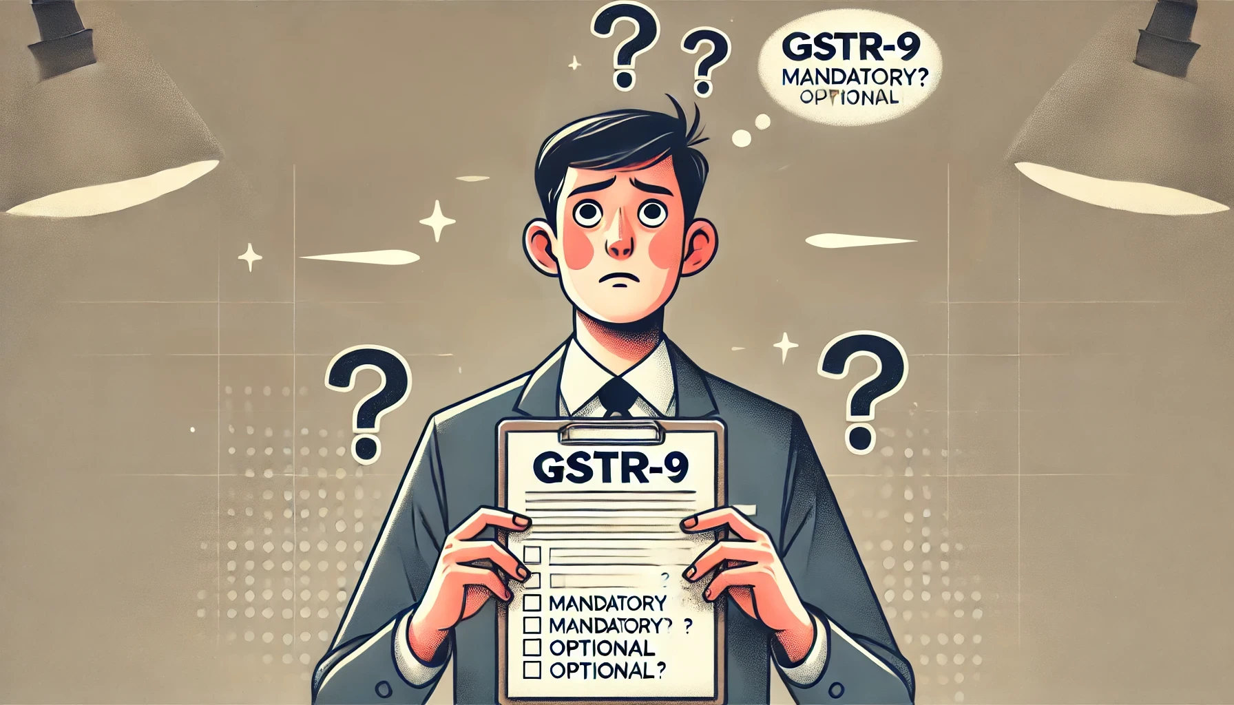 DALL·E 2024 10 21 11.55.13 A person with a confused expression holding a clipboard or document labeled GSTR 9. The background is simple without any text bubbles or extra sym