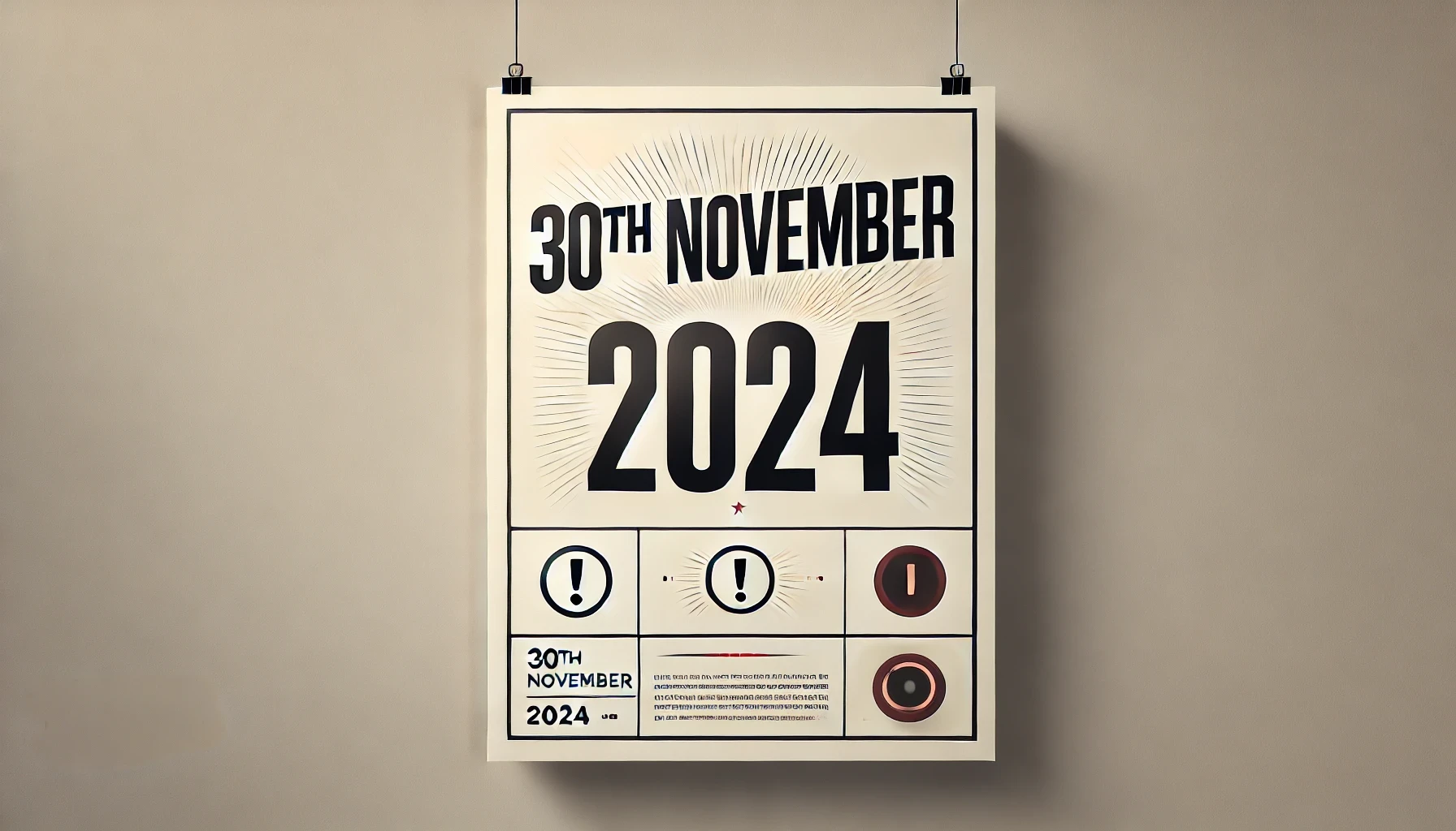 DALL·E 2024 11 06 19.50.38 A simple impactful image in a 3 2 aspect ratio. In the center the date 30th November 2024 is displayed prominently in bold modern typography wit